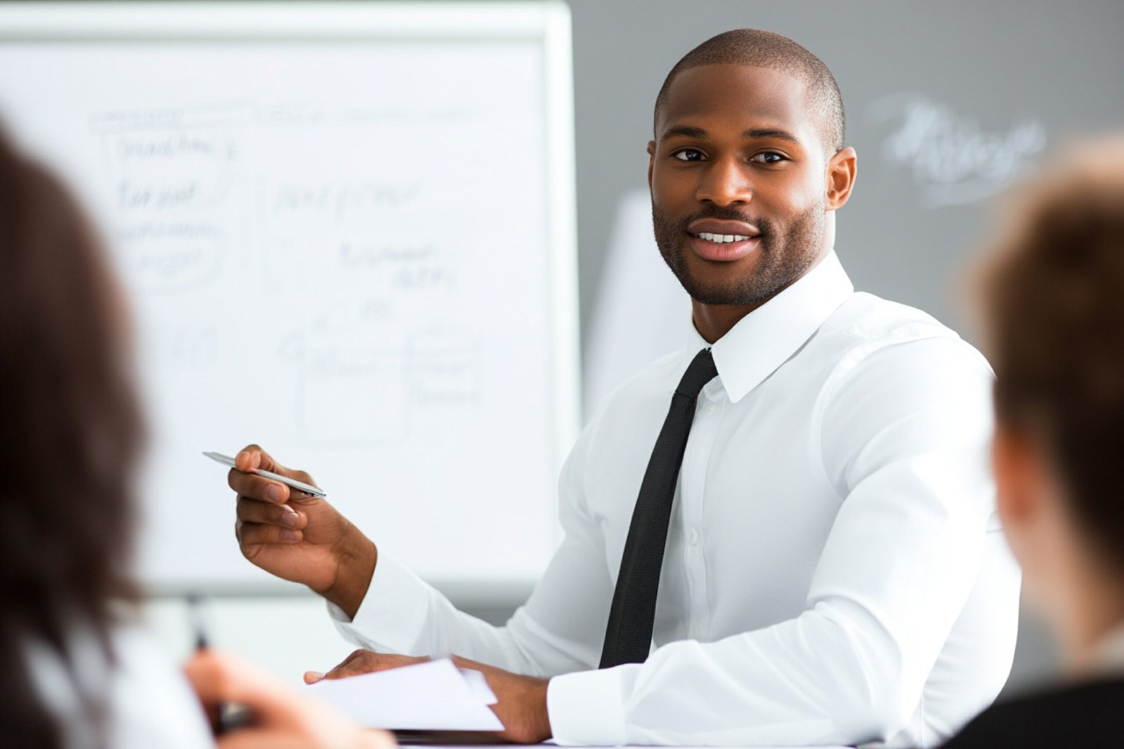 focused team leader presenting to coworkers